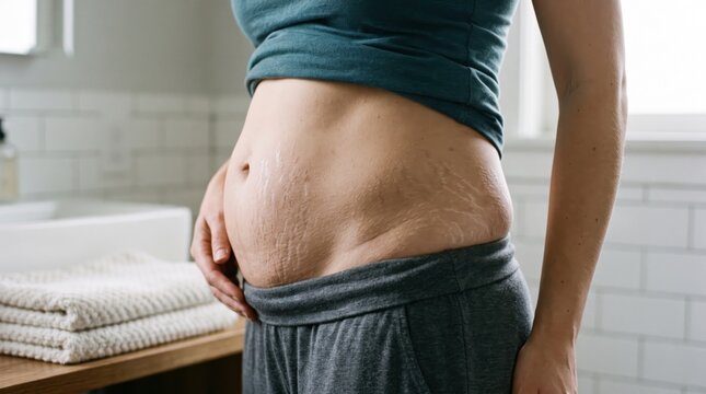 Woman showing stretch marks on belly after pregnancy. Body positive concept regarding postpartum skin changes and motherhood transformation. Female health care and authentic body image.