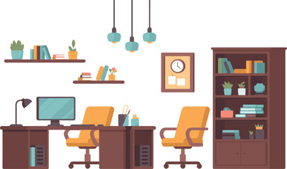 Modern office interior vector illustration flat design workspace elements set with desks chairs computer and bookshelves © Josna