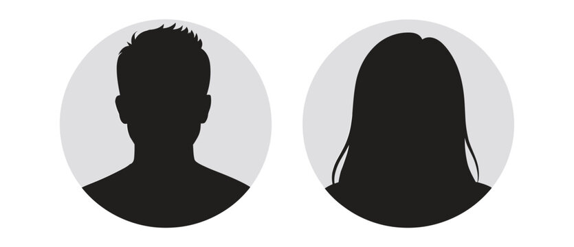 Silhouettes of a man and a woman inside circular frames, representing generic user profiles or avatars. The background is a clean, light gray circle for each silhouette.