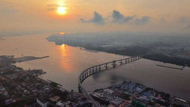 Aerial Sunrise View of Johor Bahru Singapore Rapid Transit Bridge
