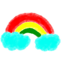 Naklejka premium A glowing rainbow in red, yellow, and green arches between two fluffy cyan clouds