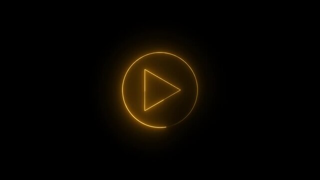 Glowing red neon play button icon animation isolated black background.4 k. video....