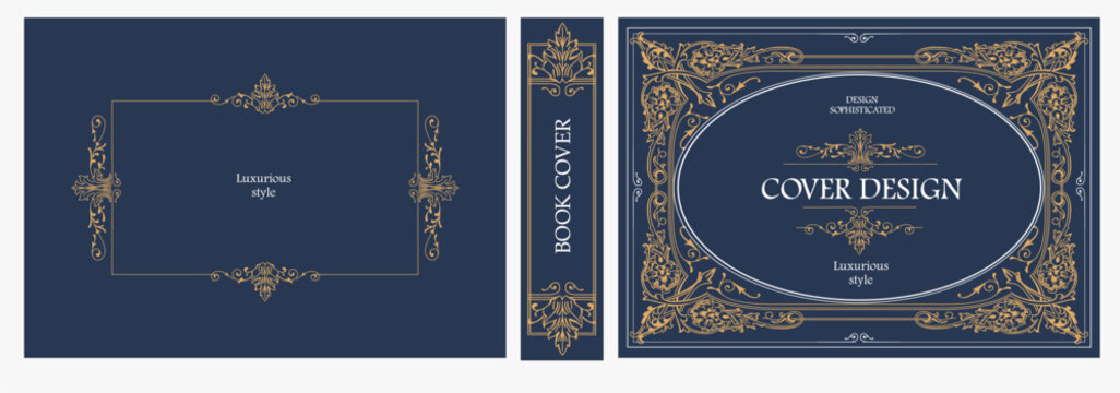 Elegant horizontal vintage book cover design with ornate Baroque frame, decorative gold ornaments, and luxurious retro style for publications, albums, posters, and premium layouts