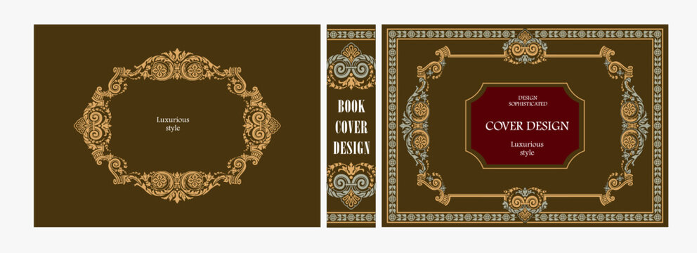 Elegant horizontal vintage book cover design with ornate Baroque frame, decorative gold ornaments, and luxurious retro style for publications, albums, posters, and premium layouts