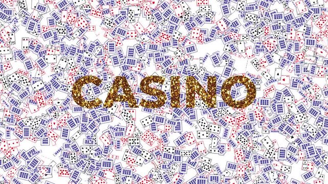 animation of various playing cards fluttering across the screen alongside a golden CASINO text that continuously grows in size and prominence