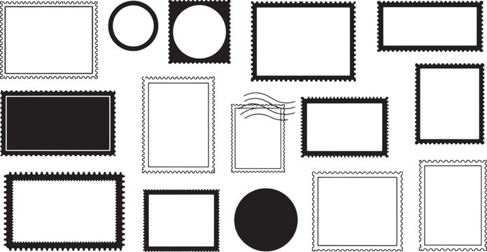Set of blank postage stamp frames with serrated edges in various rectangular and circular shapes vector illustration