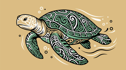 Flat Vector Illustration of a Tribal Sea Turtle Swimming in Motion, Intricate Swirl Patterns on Shell and Flippers, Minimalist Ocean Graphic with Bubbles and Waves, Earth Tones Background © titin