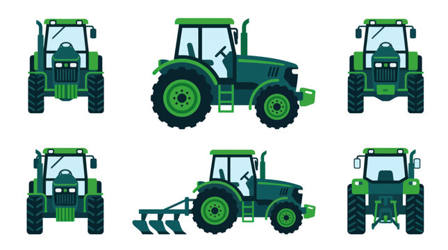 Flat vector icons of green agricultural tractors set.