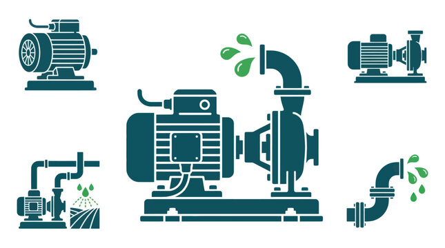 Industrial electric water pumps and irrigation system icons.