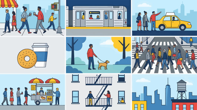 Flat Vector Illustration Collection of New York City Daily Life Scenes: People Walking, Subway Train, Yellow Taxi, Street Food Cart, Dog Walker, and City Skyline