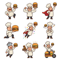 Fototapeta premium Funny Chef Mascot Character Set with Burgers in Various Poses for Fast Food Branding