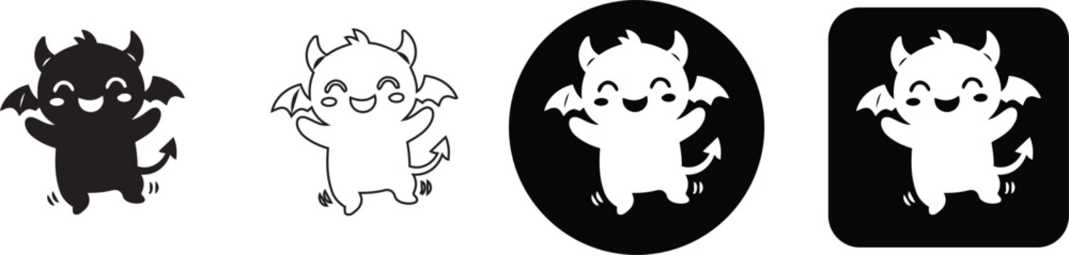 Cheerful happy little devil cartoon character jumping with joy vector icon collection