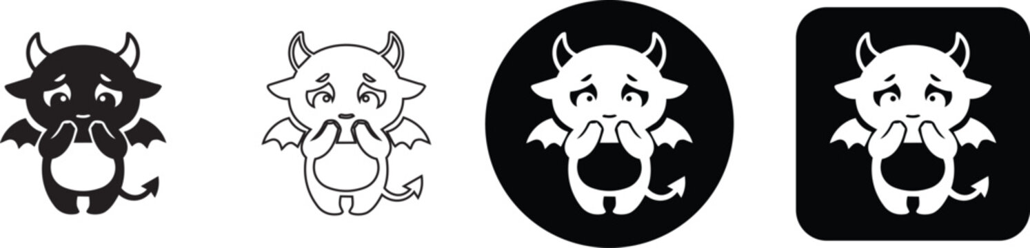 Sad crying little devil cartoon character whimpering with hands on face vector set
