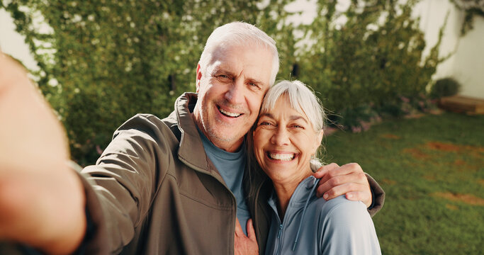 Old couple, portrait and smile for selfie together in backyard for love, care and support in retirement. Happy, senior man and woman with photography for profile picture, social media and memory