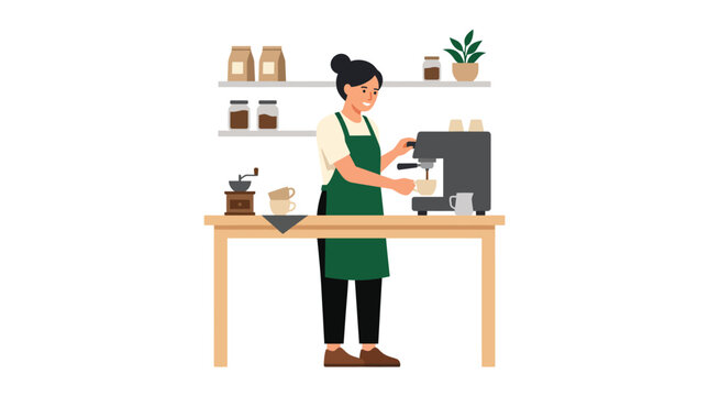 Barista preparing latte art behind a coffee shop counter with equipment and shelves.