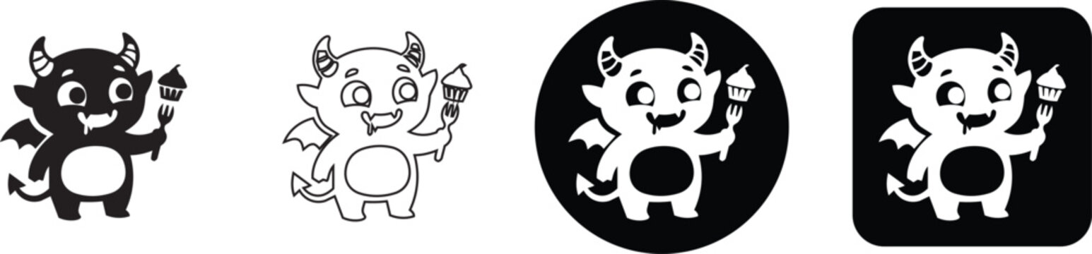 Cute little devil cartoon character holding an ice cream cone vector icon set