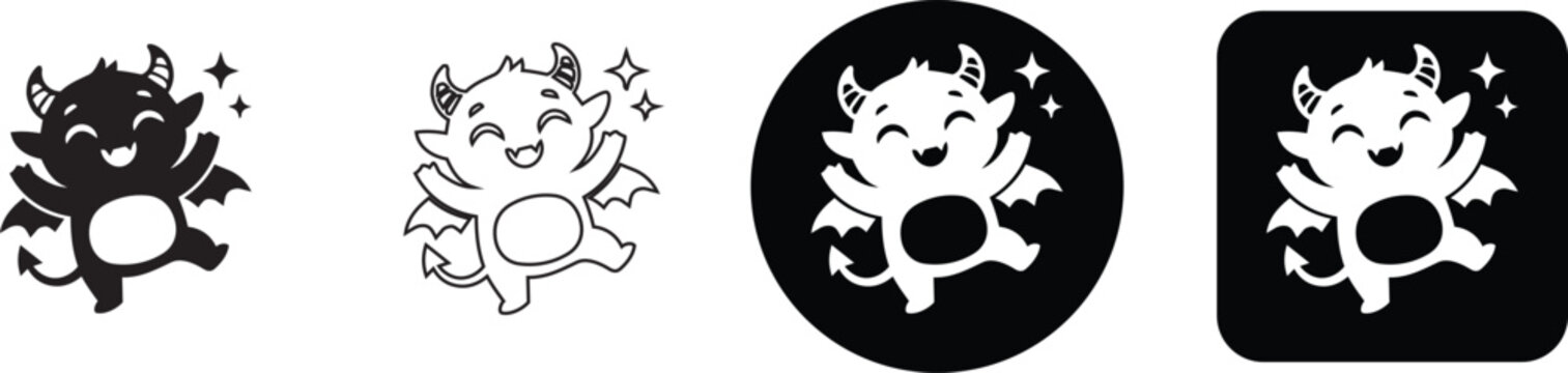 Happy dancing little devil cartoon character vector graphics illustration set