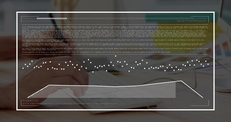 Hands alternating typing and writing on desk, pen initiating animated finance graphs for reporting © vectorfusionart