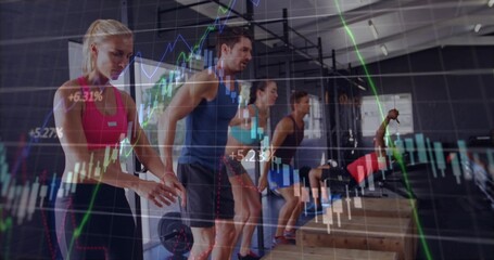 Team starting squat and doing plyo jumps for fitness, bench lifting, candlesticks moving over frame © vectorfusionart