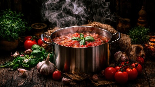 Rich Tomato Sauce Simmering in a Pot