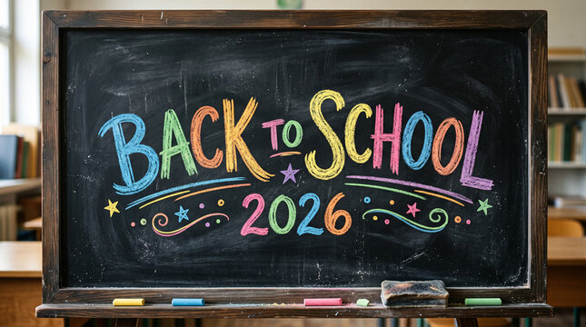 Back to school 2026 chalk lettering on blackboard.