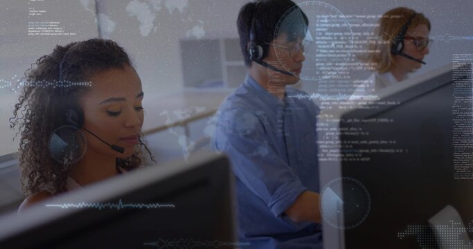 Three call-center agents handling support calls, incoming data spawning HUD waveforms over monitors