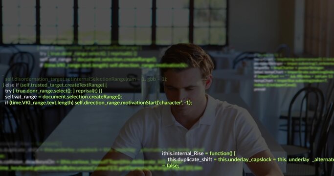 Man sitting in cafe, focusing on code, overlay growing, sipping cup, tapping tablet for software