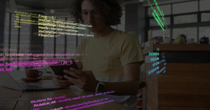 Man tapping tablet in cafe, initiating color code overlays sweeping over face for debugging