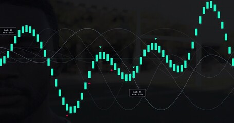 Fototapeta premium Data panel animating from marker, showing teal bars moving, revealing left face, showing metrics
