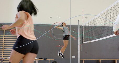 Player in gray top jumping spiking volleyball at net on coach signaling during drill, animated path © vectorfusionart