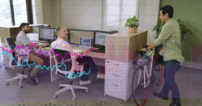 Diverse coworkers greeting colleague pushing road bicycle at office with helmet and bag, copy space