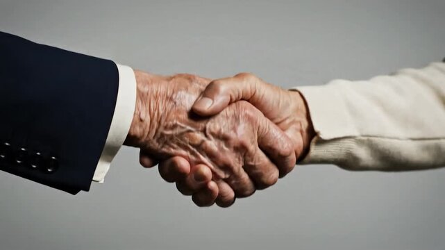 Close up of a handshake between a business person and an elderly person, symbolizing trust, agreement, support and cooperation.