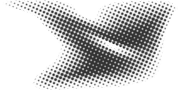 Monochrome halftone dotted illustration, abstract dynamic wave, ribbon pattern. Curved line with halftone effect, flud design. Vector minimalist background. Overlay template. Vector
