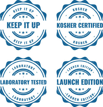 Four blue round rubber stamps featuring laboratory tested and kosher certified and launch edition text