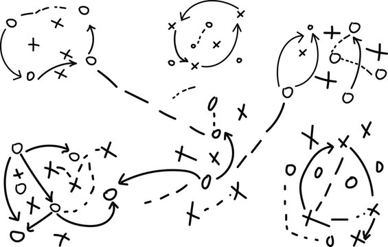 Hand drawn sports strategy diagrams with arrows and symbols, black ink tactical game plan sketches on white background, abstract coaching play icons for football or soccer training