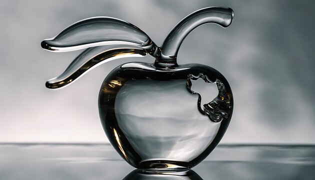 Clear crystal glass apple sculpture with leaf illustration
