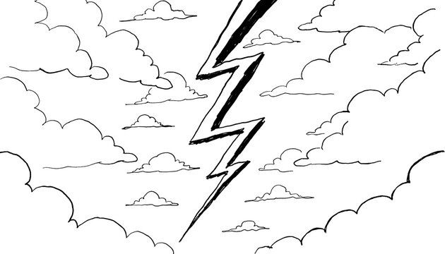 Lightning bolt striking through fluffy clouds in the sky illustration