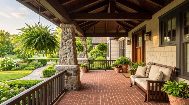Cozy craftsman-style front porch featuring stone pillars and red brick flooring with comfortable outdoor sofa and hanging ferns for suburban relaxation.