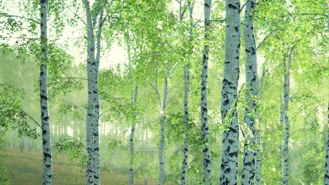 Tall trees with bright green leaves fill the scene in a forest. Sunlight shines through the branches, creating shadows on the ground. The atmosphere feels fresh and alive.
