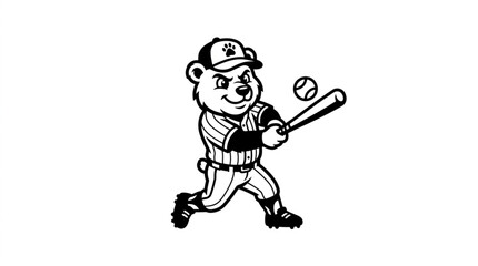 Obraz premium Cartoon Bear Character Playing Baseball Swinging Bat at Ball.