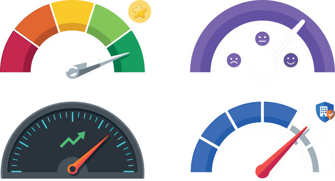 Performance Gauge and Speedometer Vector Set Featuring Credit Score Meter Customer Satisfaction Dial Business Growth Indicator and Security Risk Assessment ScalesPerformance Gauge and Speedometer Vect