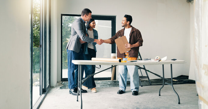 Couple, architect and handshake with homeowner in agreement, deal and planning at construction site. Happy people, realtor welcome and shaking hands for remodeling, expansion or building dream home