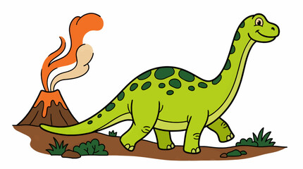 Friendly Flat Vector Brontosaurus Dinosaur Walking Past a Smoking Volcano, Cartoon Style Illustration with Green and Brown Earth, Orange Lava Smoke, and Lush Greenery © risma