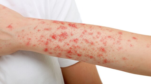 Close-up view of human arm with red skin rash