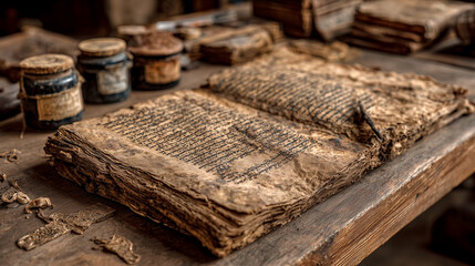 Obraz premium ancient_manuscript_pages_on_wooden_table