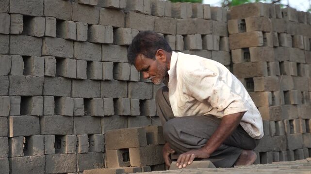 Indian man working at bricks factory 