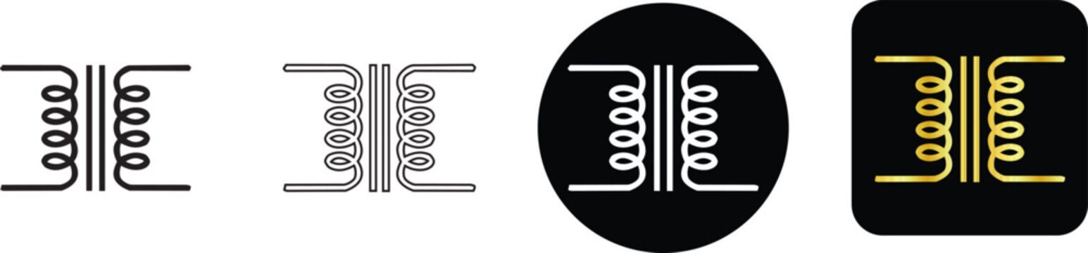 Electrical transformer coil schematic symbol icons pack in multiple modern graphic styles for circuit diagram