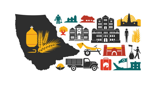 Map silhouette of a Canadian province surrounded by various agriculture, history, and community icons on a white background.
