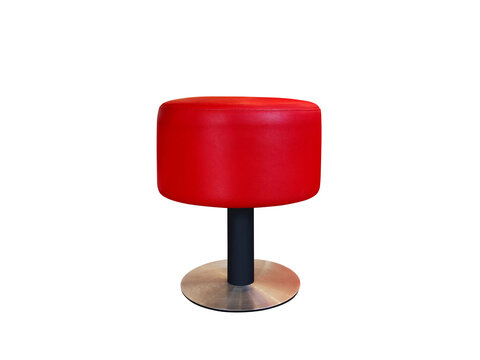 A modern, round bar stool with a red leather seat and steel legs PNG transparent.
