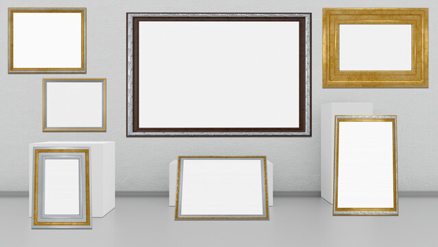 Cornici, quadri vuoti in mostra su muro bianco. Sette cornici con spazio vuoto per inserimento di testo o immagini. Cornici in legno, argento e oro.